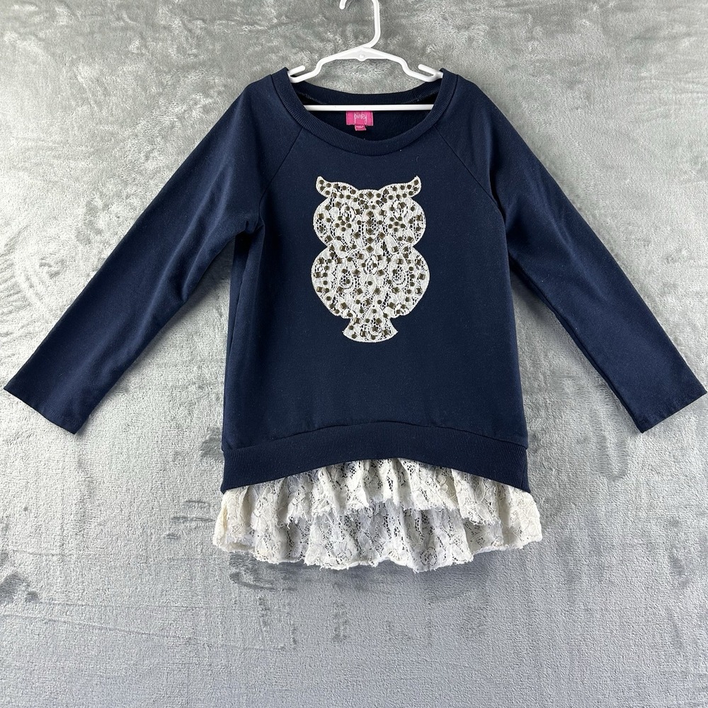 Pinky Sweater Girls M (10/12) Navy Blue White Owl Lace Detail Lace Hem